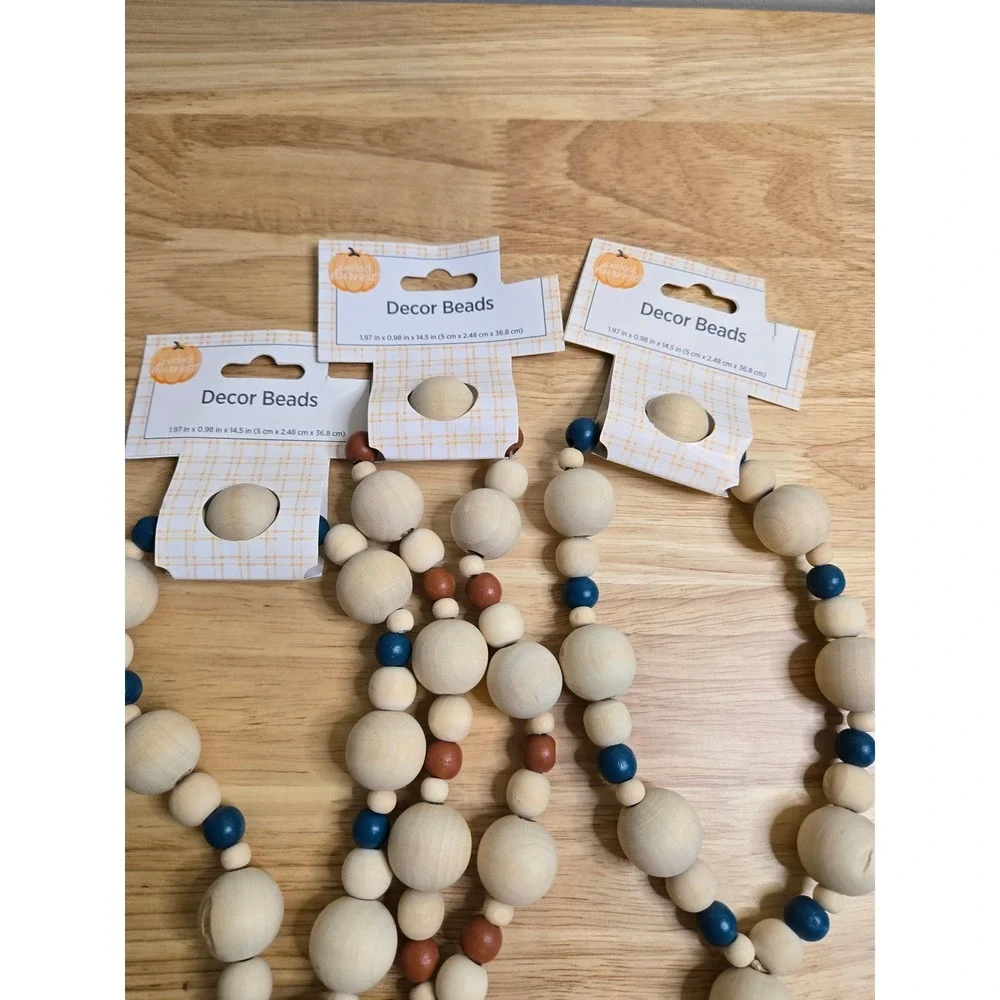 Perfect Harvest Wood Decor Beads Farmhouse Garland Blue Orange Tassel Set of 3